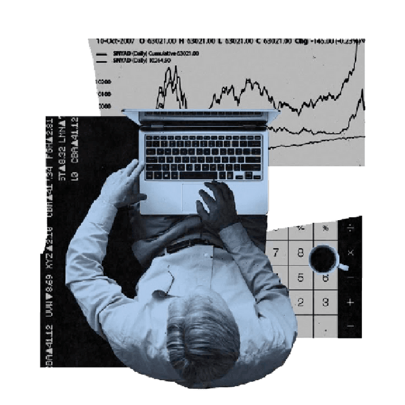 Persona trabajando en laptop con gráficos y calculadora